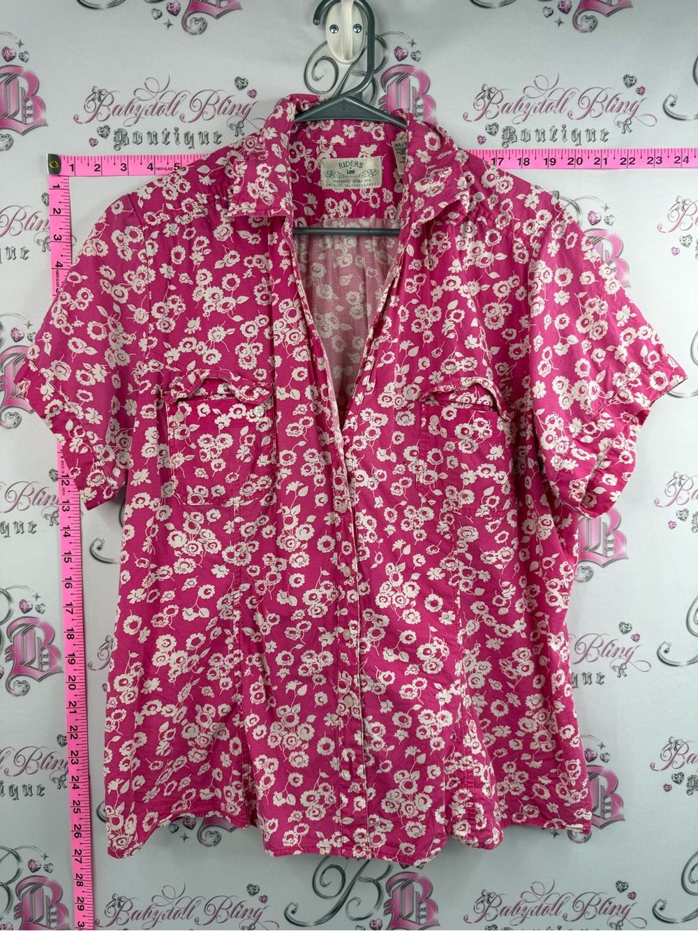 Riders by Lee T-shirt flowers Pink Floral Button-Down Short Sleeve Shirt